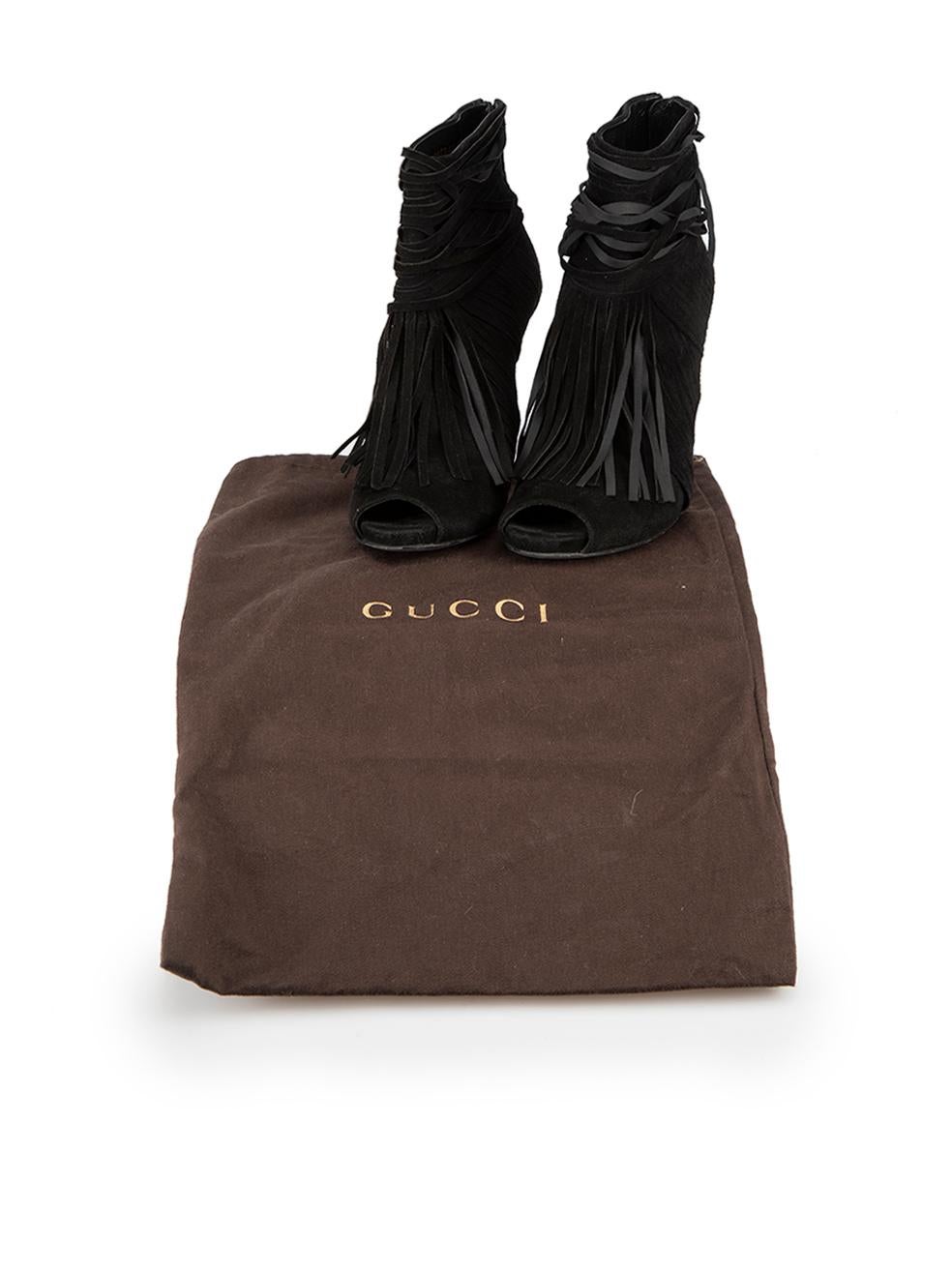 Gucci Black Suede Fringed Peep Toe Boots Size IT 39 en vente 2