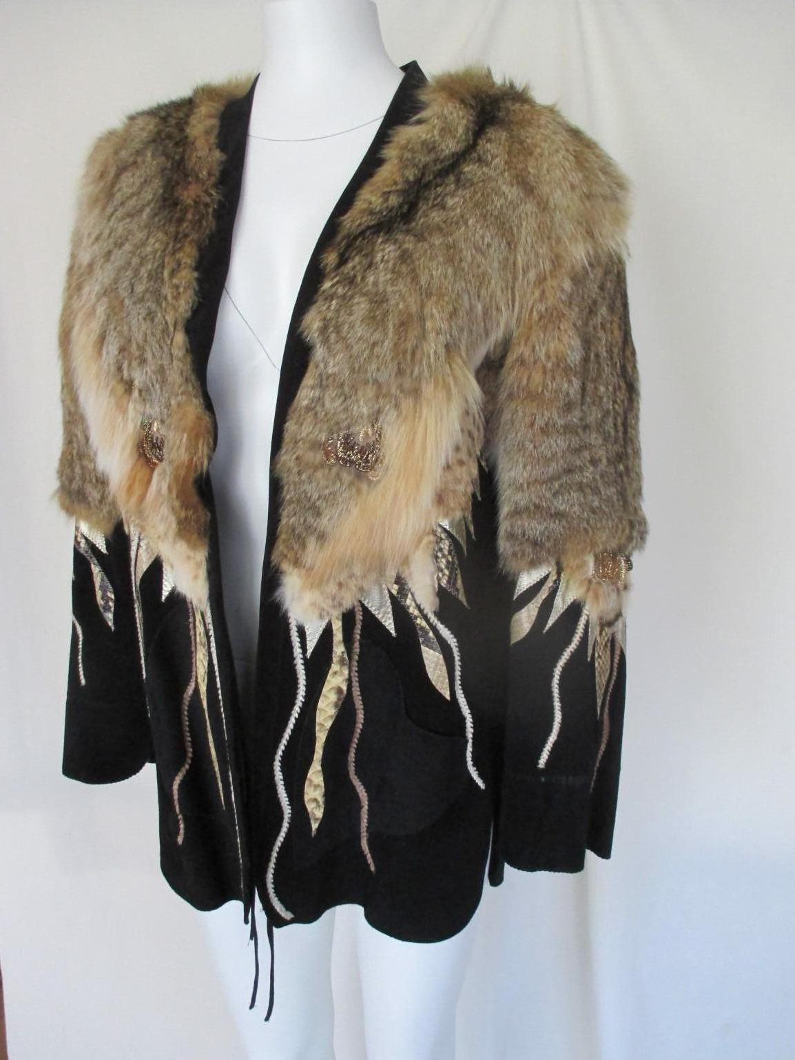 black suede jacket with appliques wolf / lynx fur 1