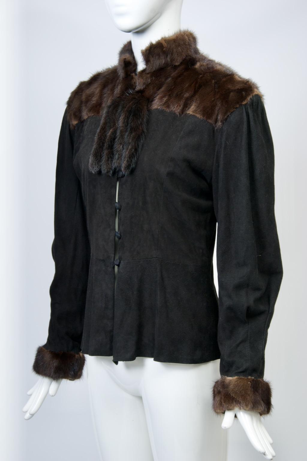 Black Suede Jacket with Mink Trim For Sale 3