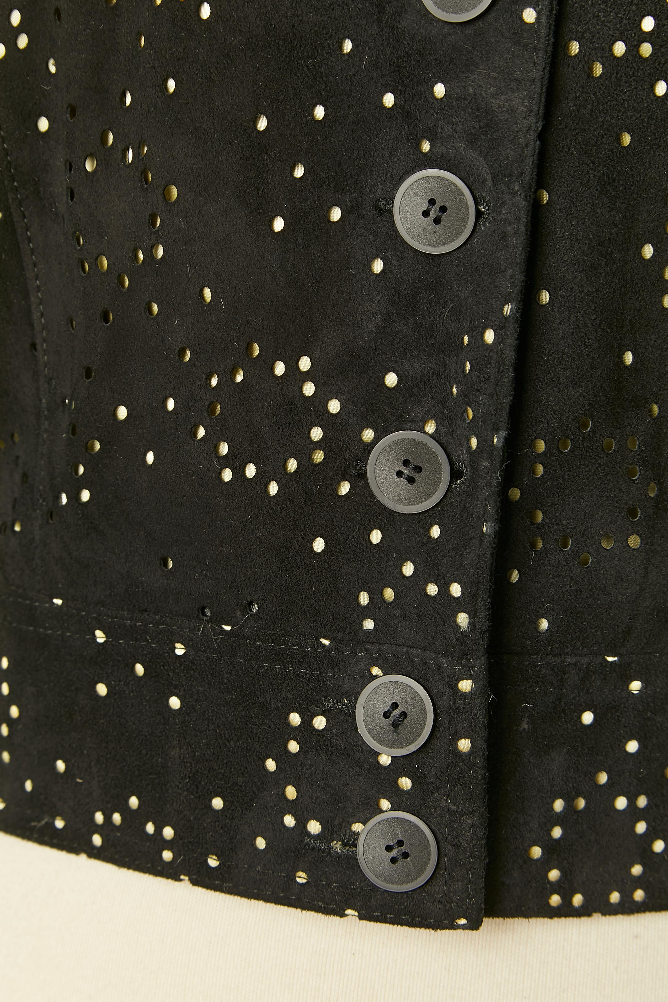 Black suede jacket with perforated laser pattern and pale yellow lining ALAIA In Excellent Condition In Saint-Ouen-Sur-Seine, FR