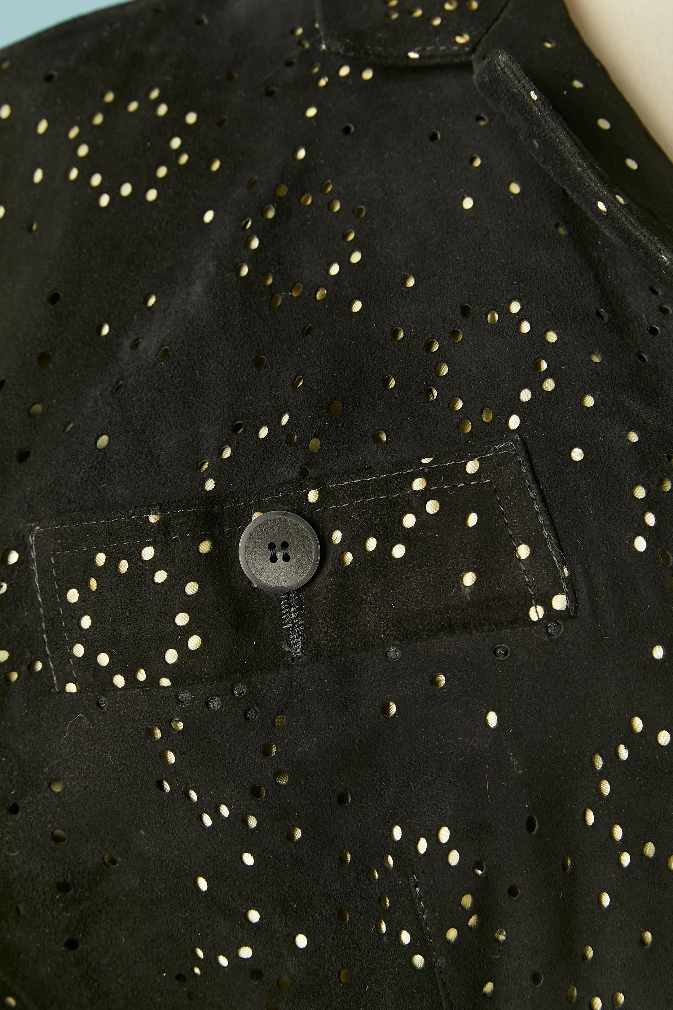 Women's Black suede jacket with perforated laser pattern and pale yellow lining ALAIA