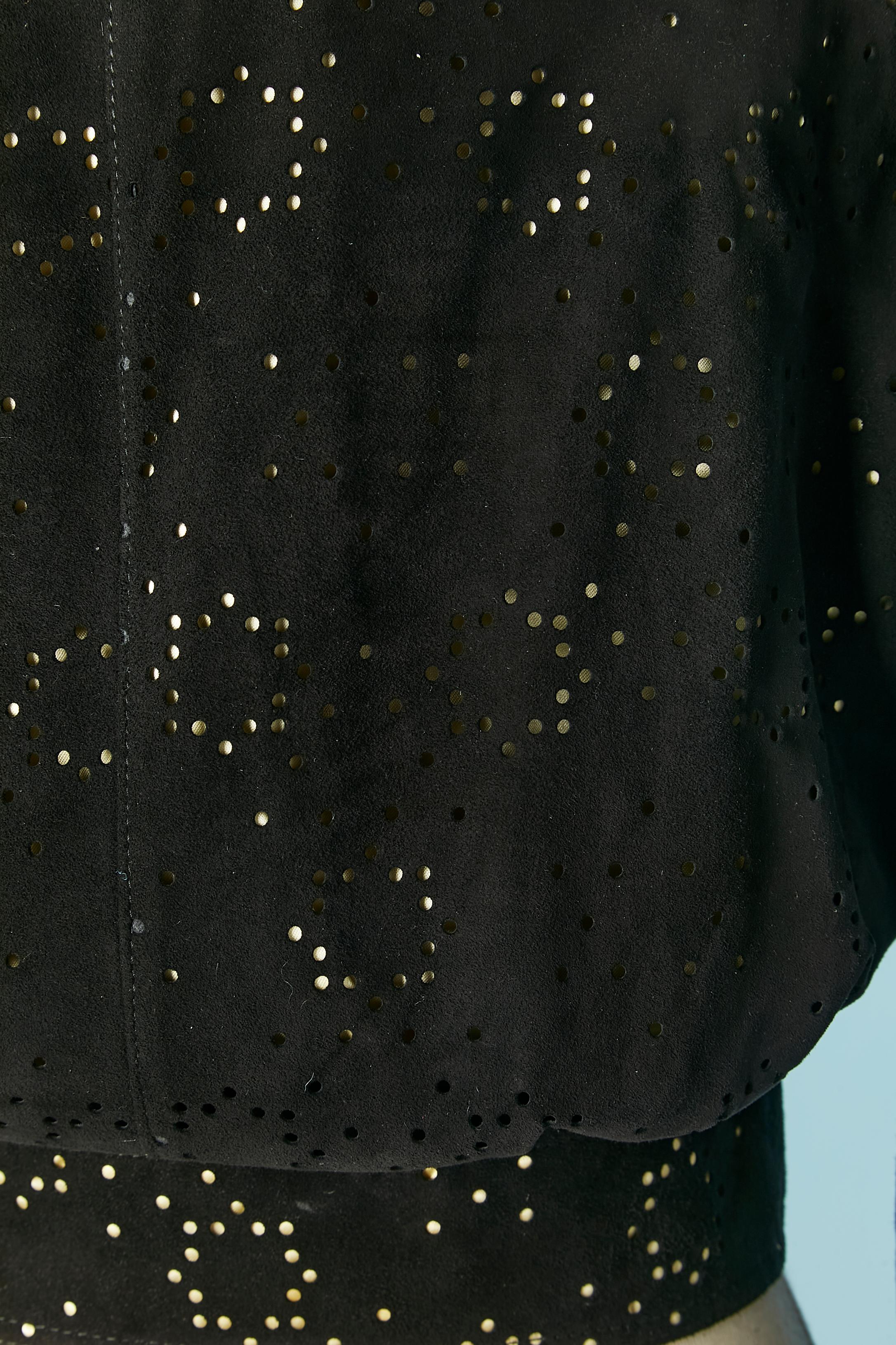 Black suede jacket with perforated laser pattern and pale yellow lining ALAIA 3