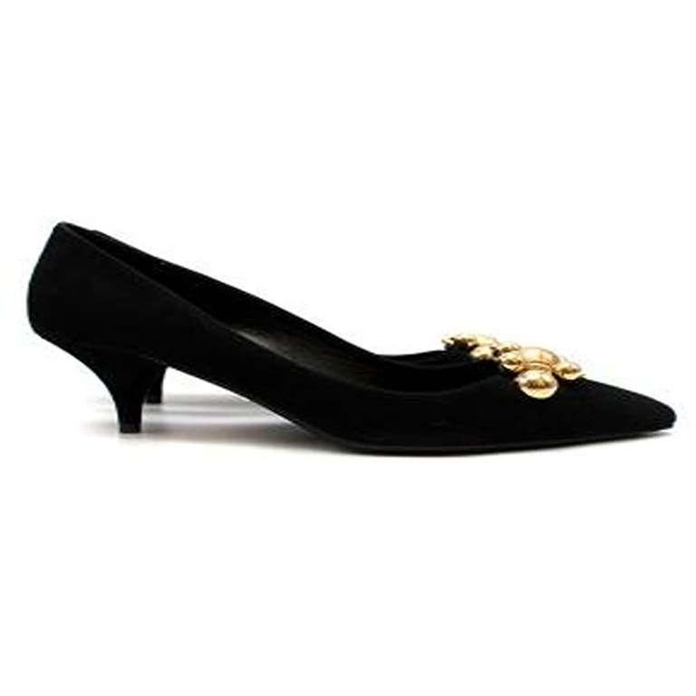 Black Suede Kitten Heels with Metallic Gold Toe Detail at 1stDibs