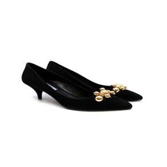 Black Suede Kitten Heels with Metallic Gold Toe Detail