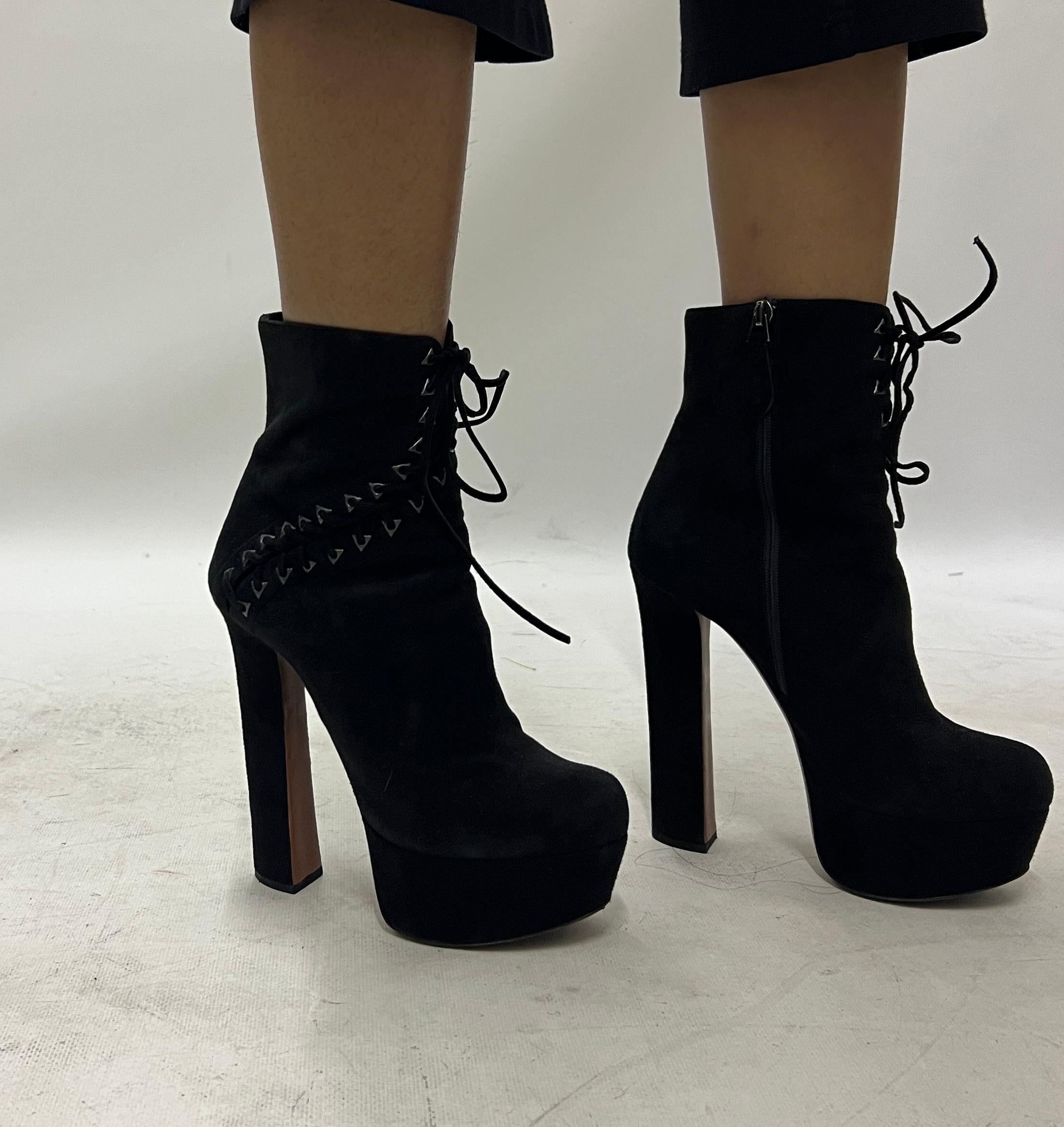 Black Suede Lace-up Corset Booties- For Sale 2