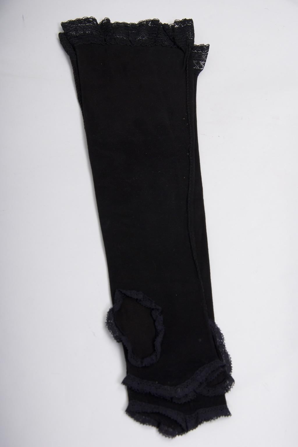 Black Suede Long Fingerless Gloves with Lace Trim 2
