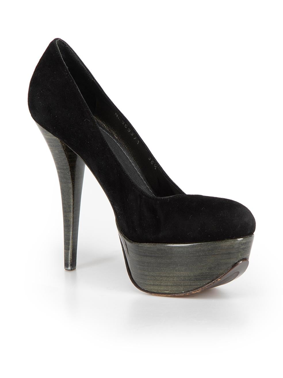 CONDITION is Very good. Minimal wear to shoes is evident. Minimal wear to the right shoe heel with scuffing on this used Stuart Weitzman designer resale item. 



Details


Black

Suede

Slip on heels

Round toe

Platform high heel





Made in