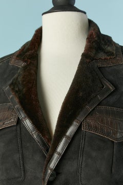 Black suede single breasted jacket with brown leather edge SHIRO