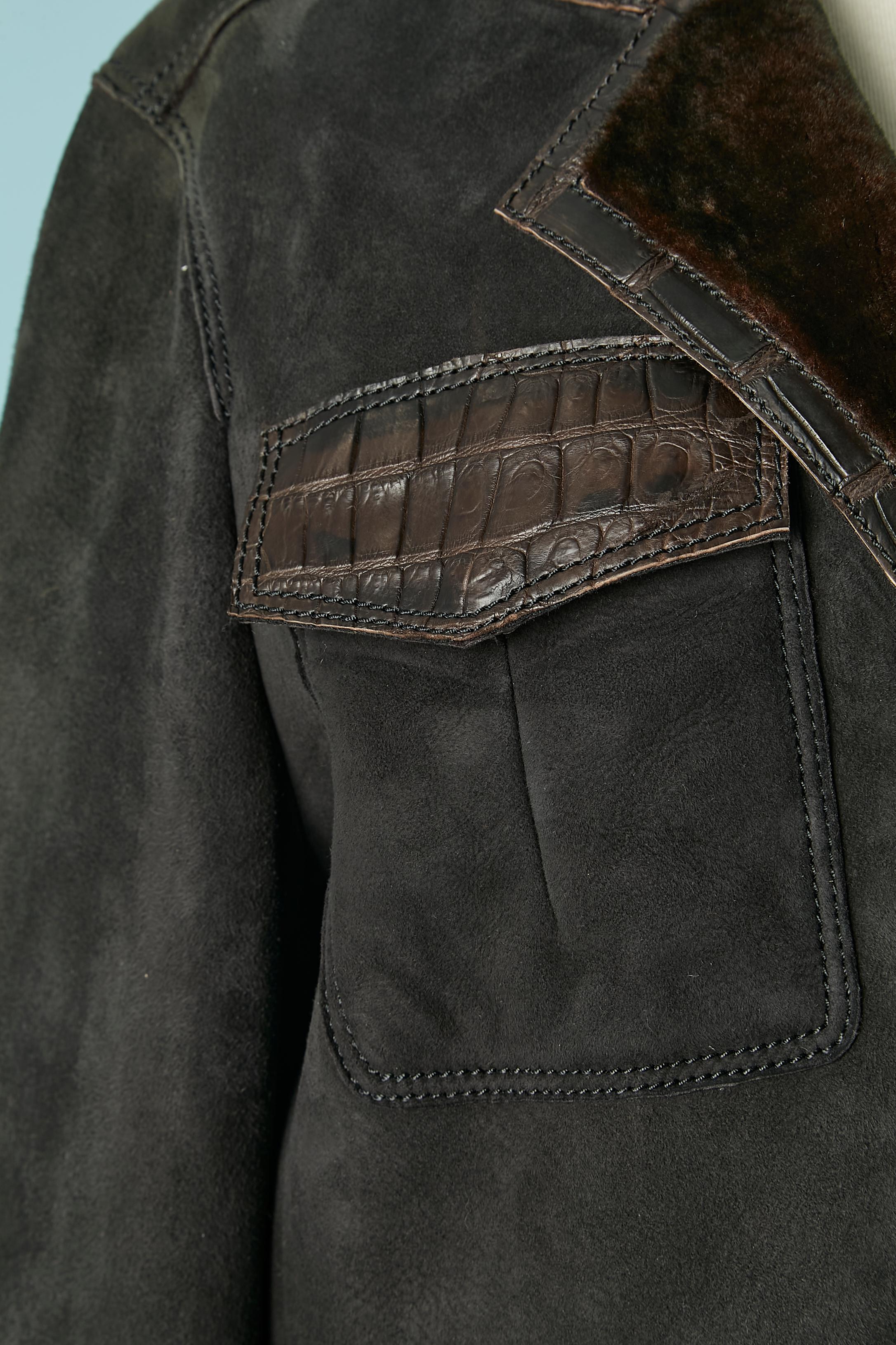 Nero Giacca monopetto in camoscio nero con bordo in pelle marrone SHIRO in vendita