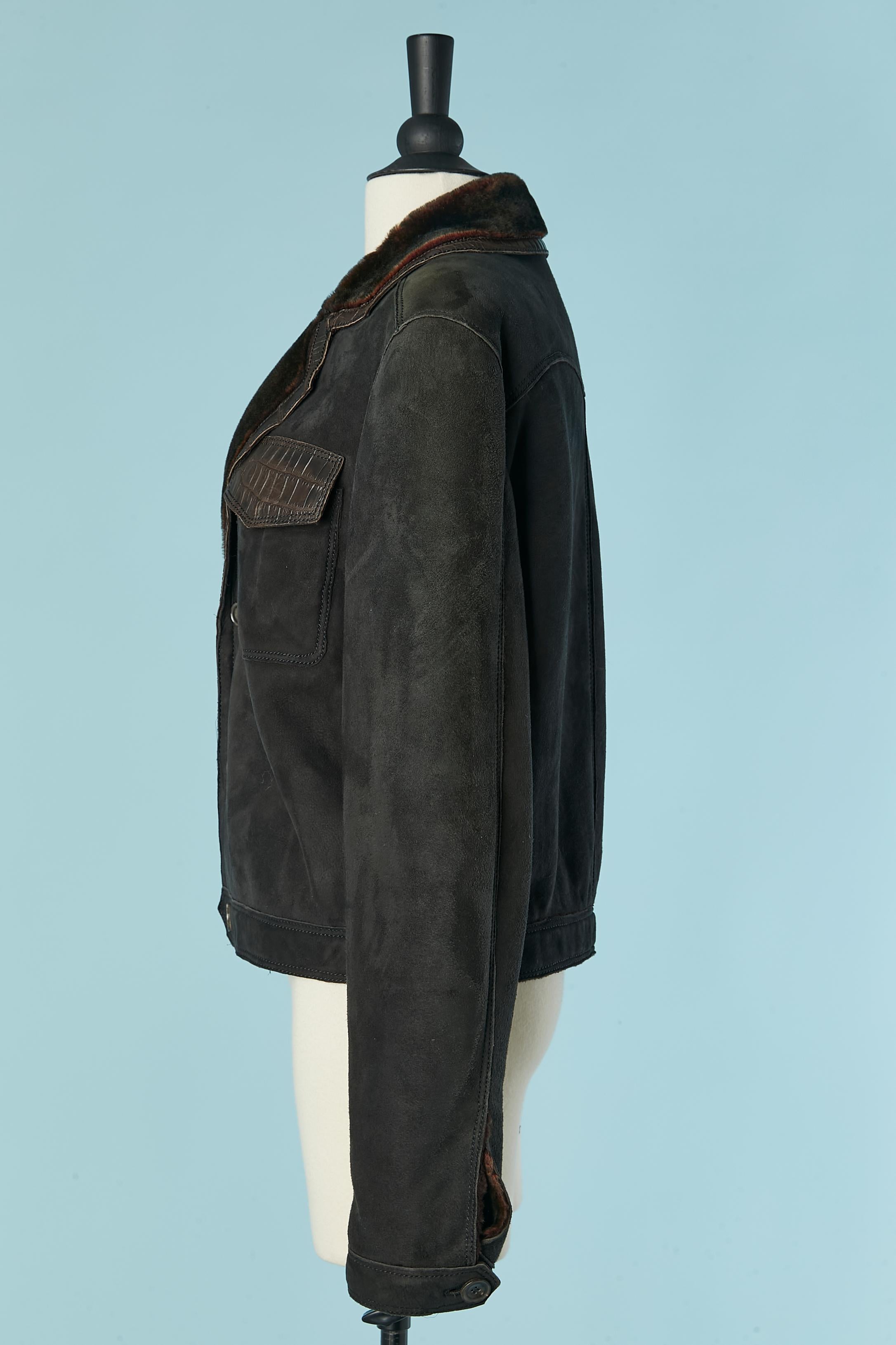 Giacca monopetto in camoscio nero con bordo in pelle marrone SHIRO In condizioni Nuovo in vendita a Saint-Ouen-Sur-Seine, FR