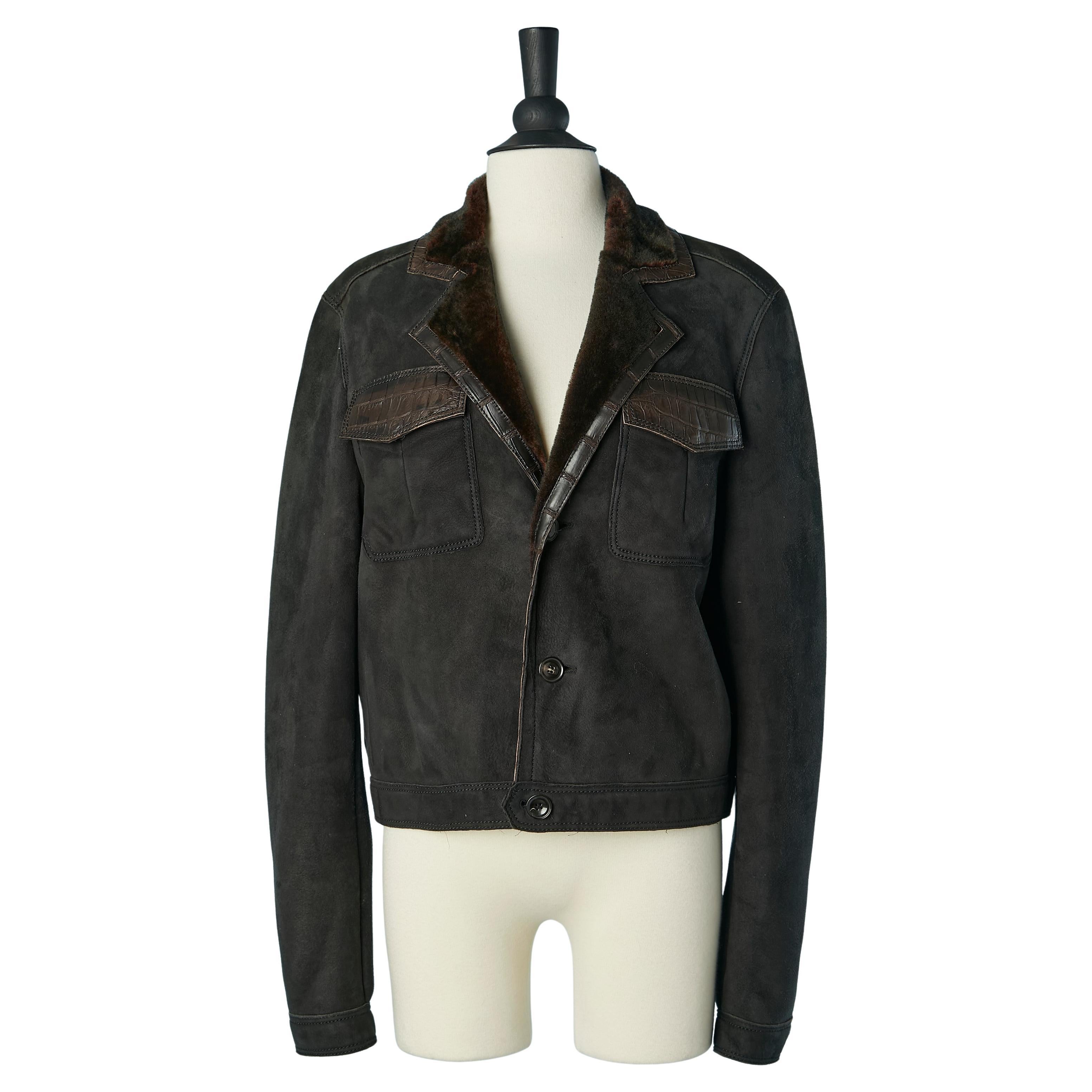 Giacca monopetto in camoscio nero con bordo in pelle marrone SHIRO