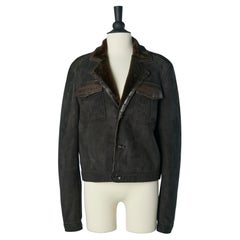 Black suede single breasted jacket with brown leather edge SHIRO