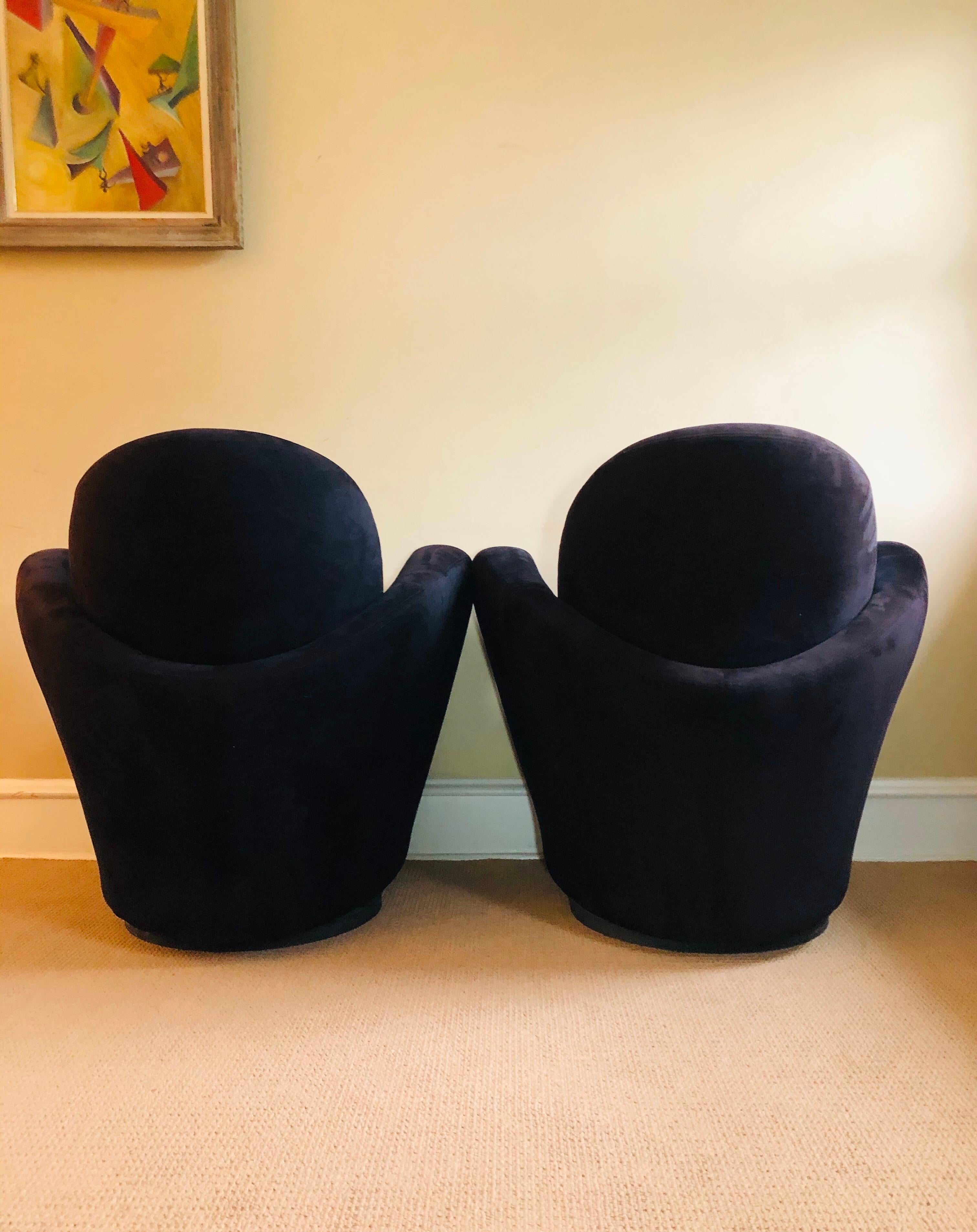 These beauties are in truly excellent condition, with essentially no wear to upholstery, circa 1997. They swivel smoothly and quietly. Extremely comfortable. Deco lines. Some of the finest chairs we have seen.

Please message for a private shipping