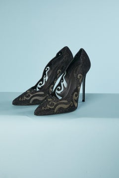 Black suede, tulle and rhinestone stiletto with cutwork René Caovilla NEW