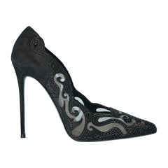 Talons aiguilles en daim noir, tulle et strass avec découpes René Caovilla NEW