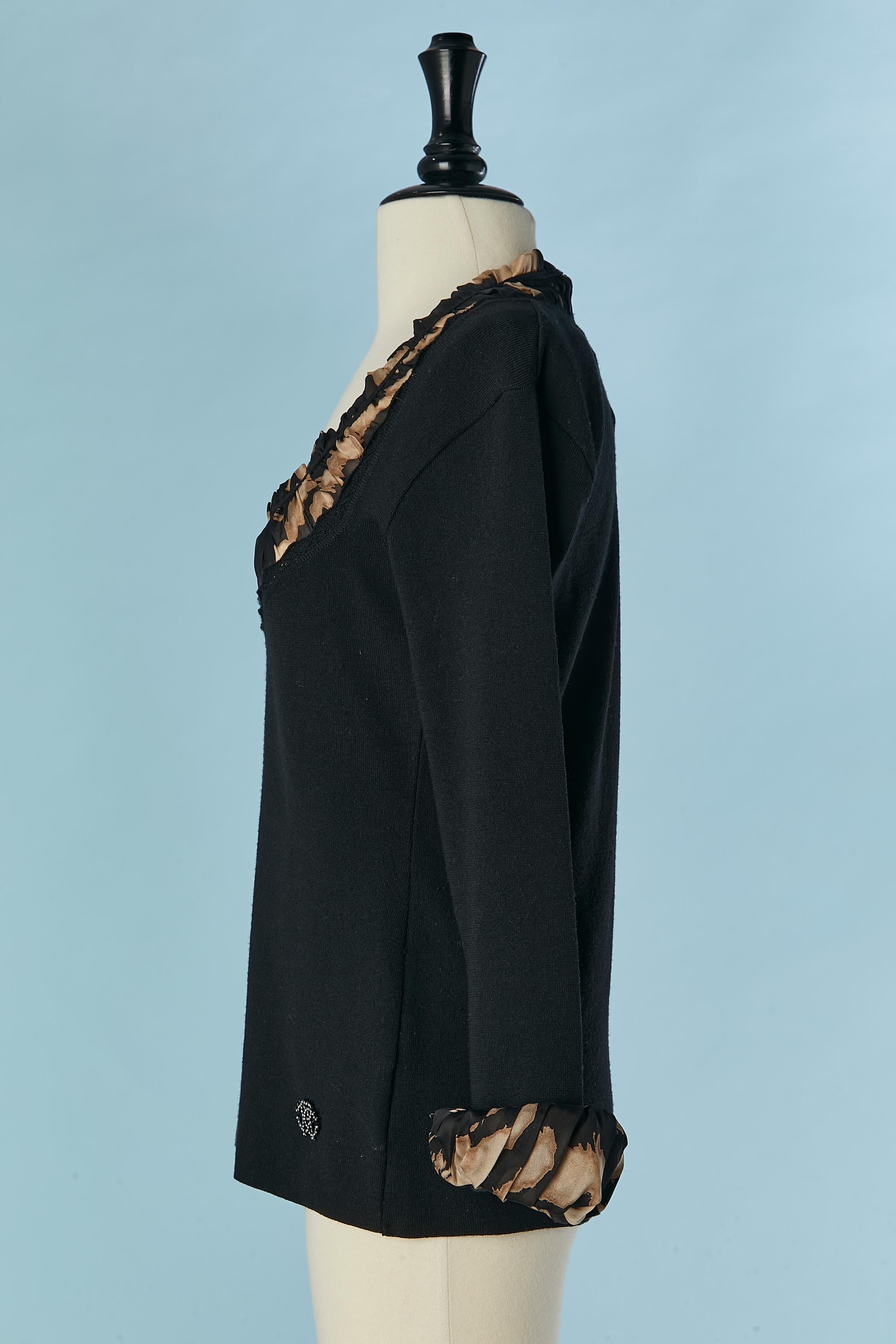 Women's Black sweater with leopard silk chiffon neckline and cuffs Roberto Cavalli  For Sale