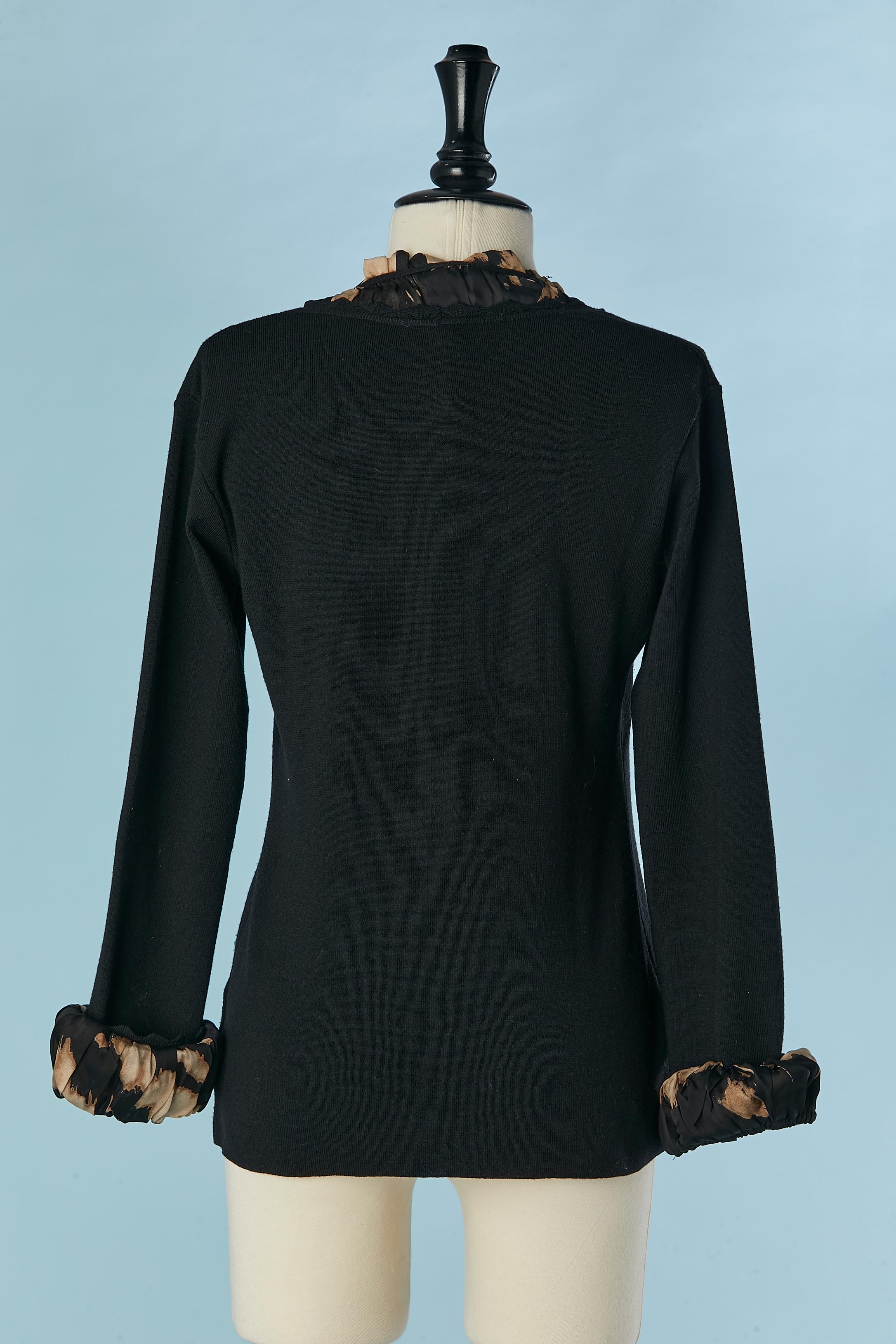 Black sweater with leopard silk chiffon neckline and cuffs Roberto Cavalli  For Sale 1