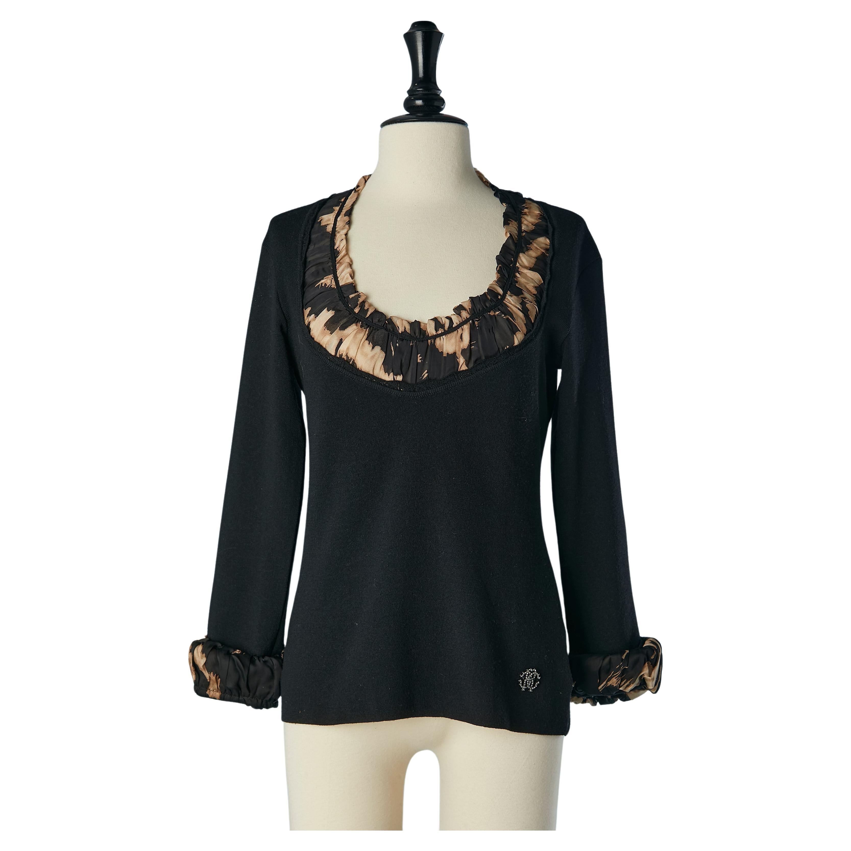 Black sweater with leopard silk chiffon neckline and cuffs Roberto Cavalli  For Sale