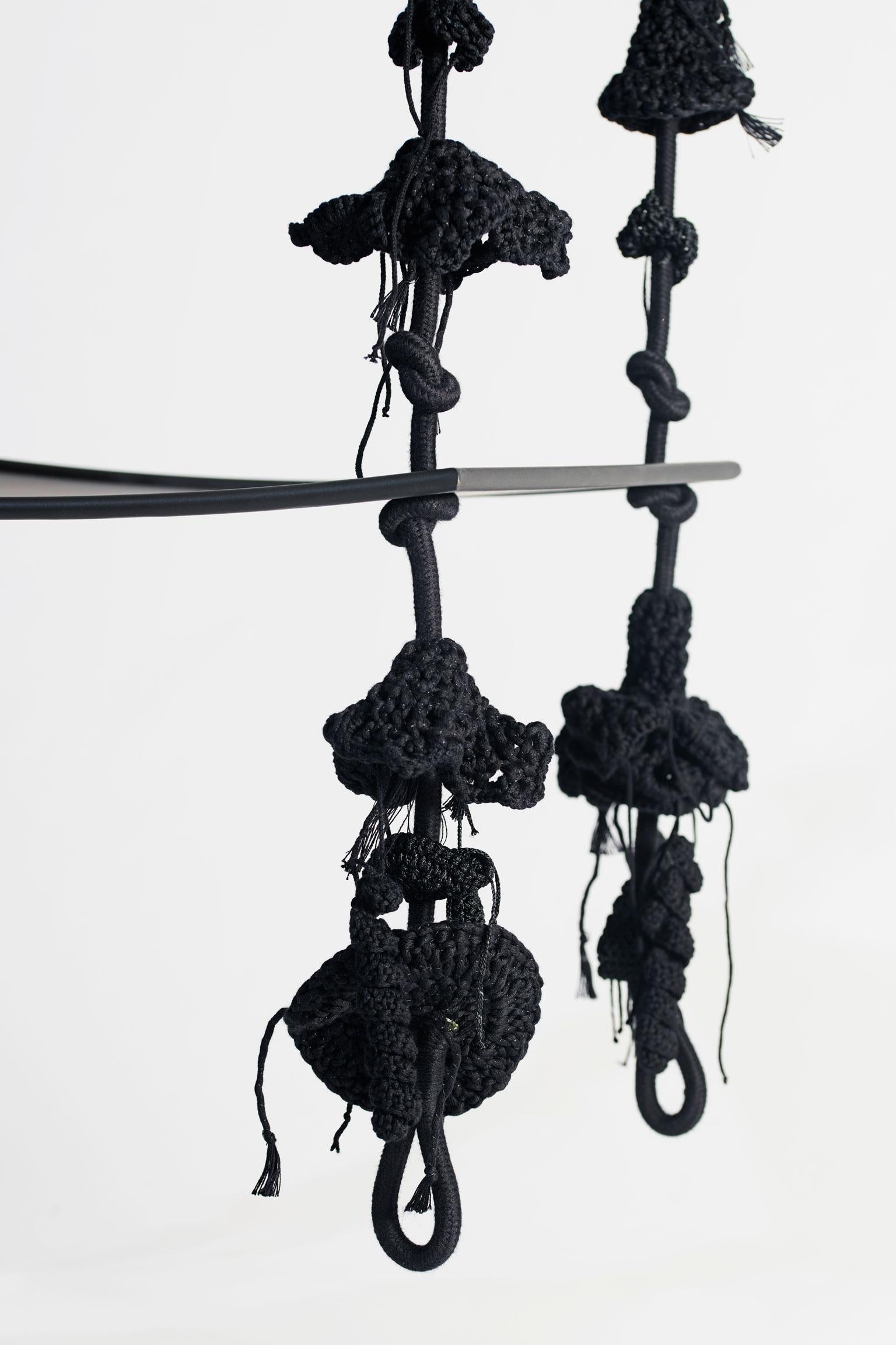 Black Swing Handmade Crochet in Cotton & Polyester with Matte Iron Seat In New Condition In Tel Aviv, IL