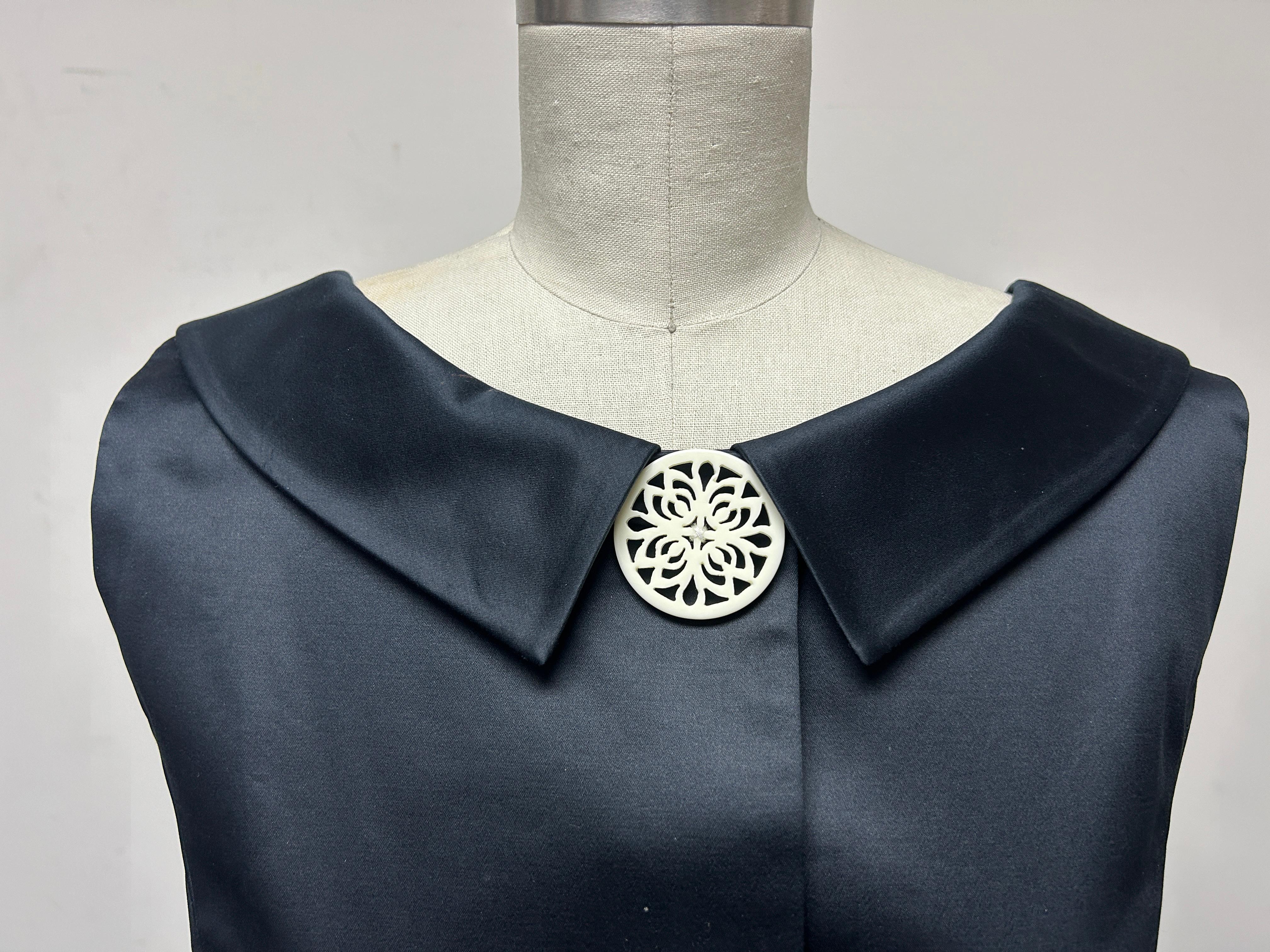 Black Swiss Cotton Coat Dress with Gathered Back and White carved Buttons In New Condition For Sale In Los Angeles, CA