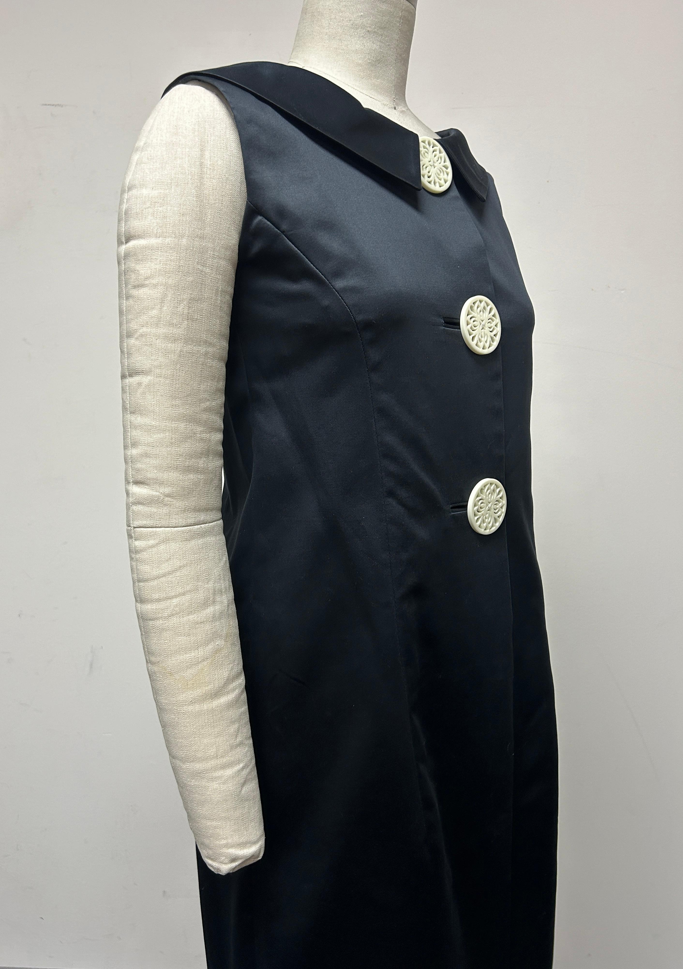 Black Swiss Cotton Coat Dress with Gathered Back and White carved Buttons For Sale 2