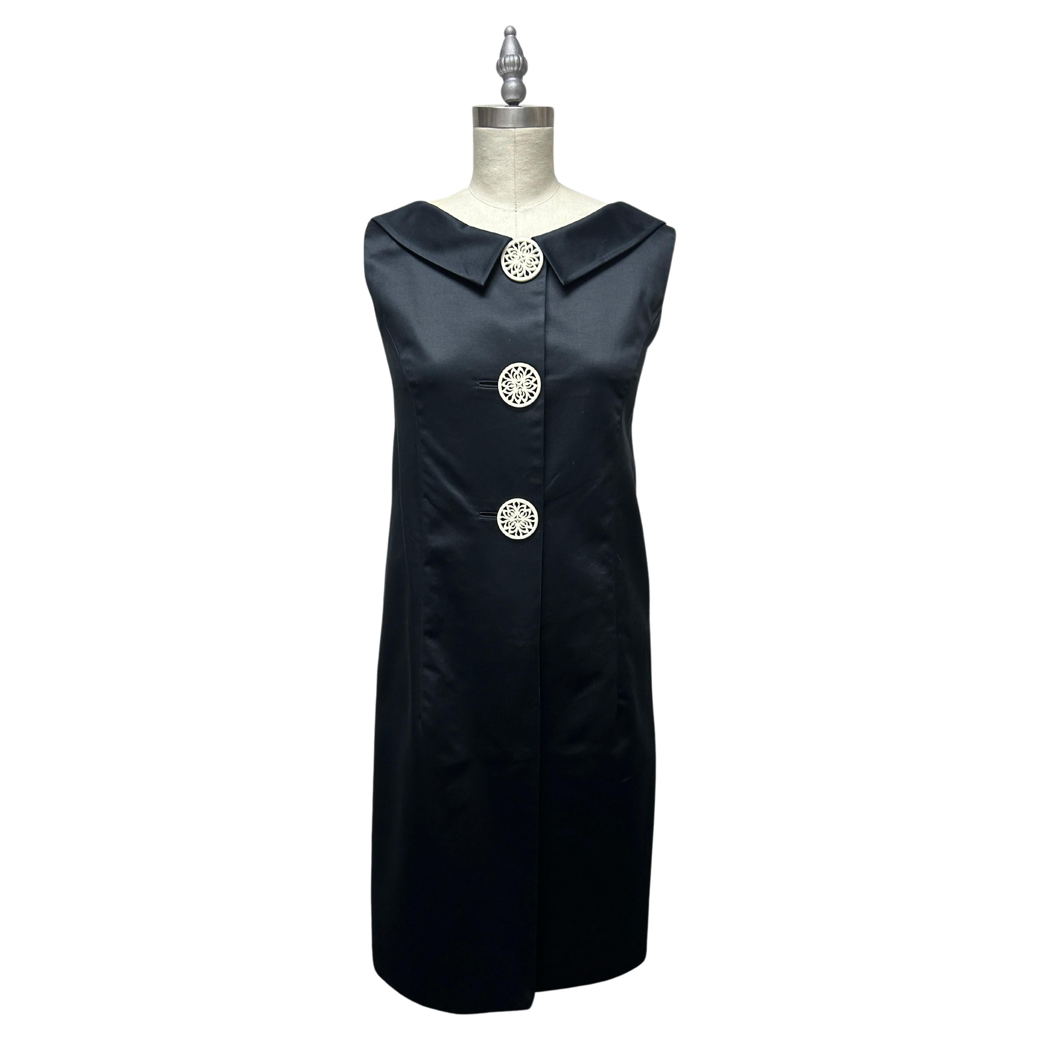 Black Swiss Cotton Coat Dress with Gathered Back and White carved Buttons For Sale