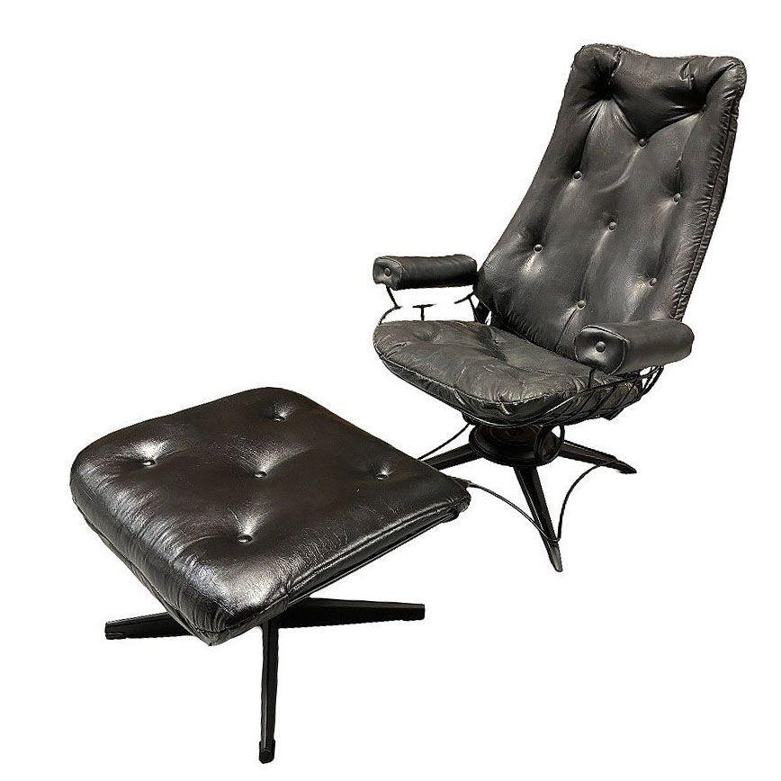 American Black Swivel Spinger Iron Lounge Chair w/ Ottoman by Homecrest For Sale