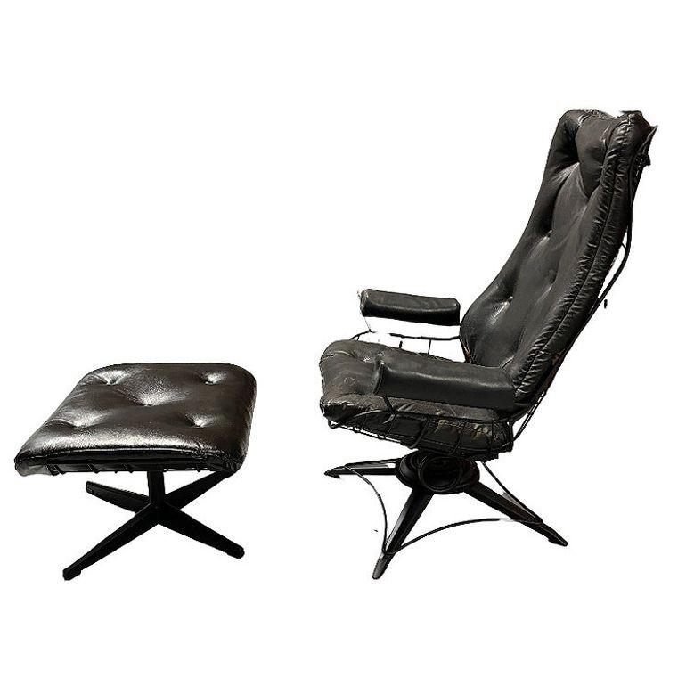 Black Swivel Spinger Iron Lounge Chair w/ Ottoman by Homecrest In Fair Condition For Sale In Van Nuys, CA