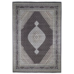 Black Tabriz Mahi Wool and Silk Hand Knotted Oriental Rug