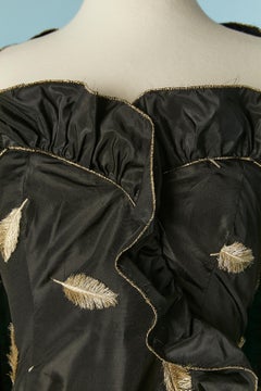 Black taffetas bustier evening dress with gold feathers and shawl Loris Azzaro