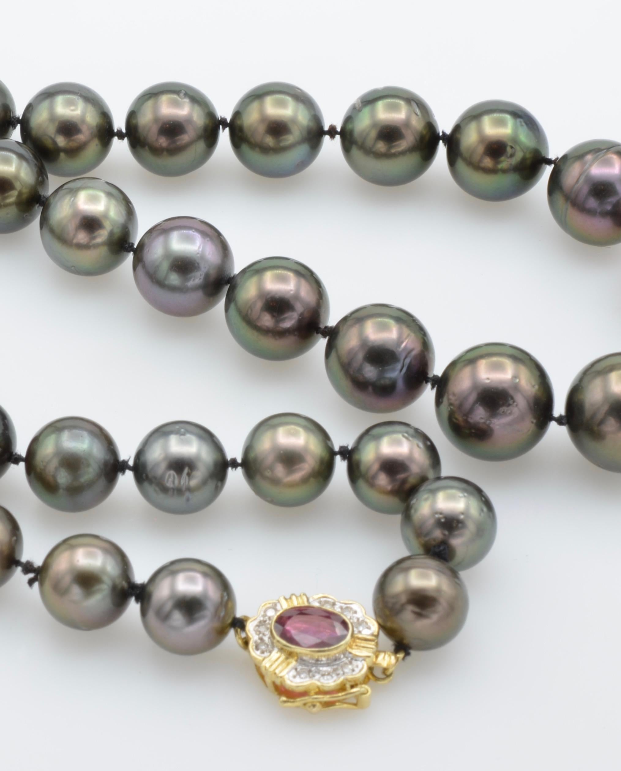 Modernist Black Tahiti Pearl Necklace with Ruby and Diamond Clasp
