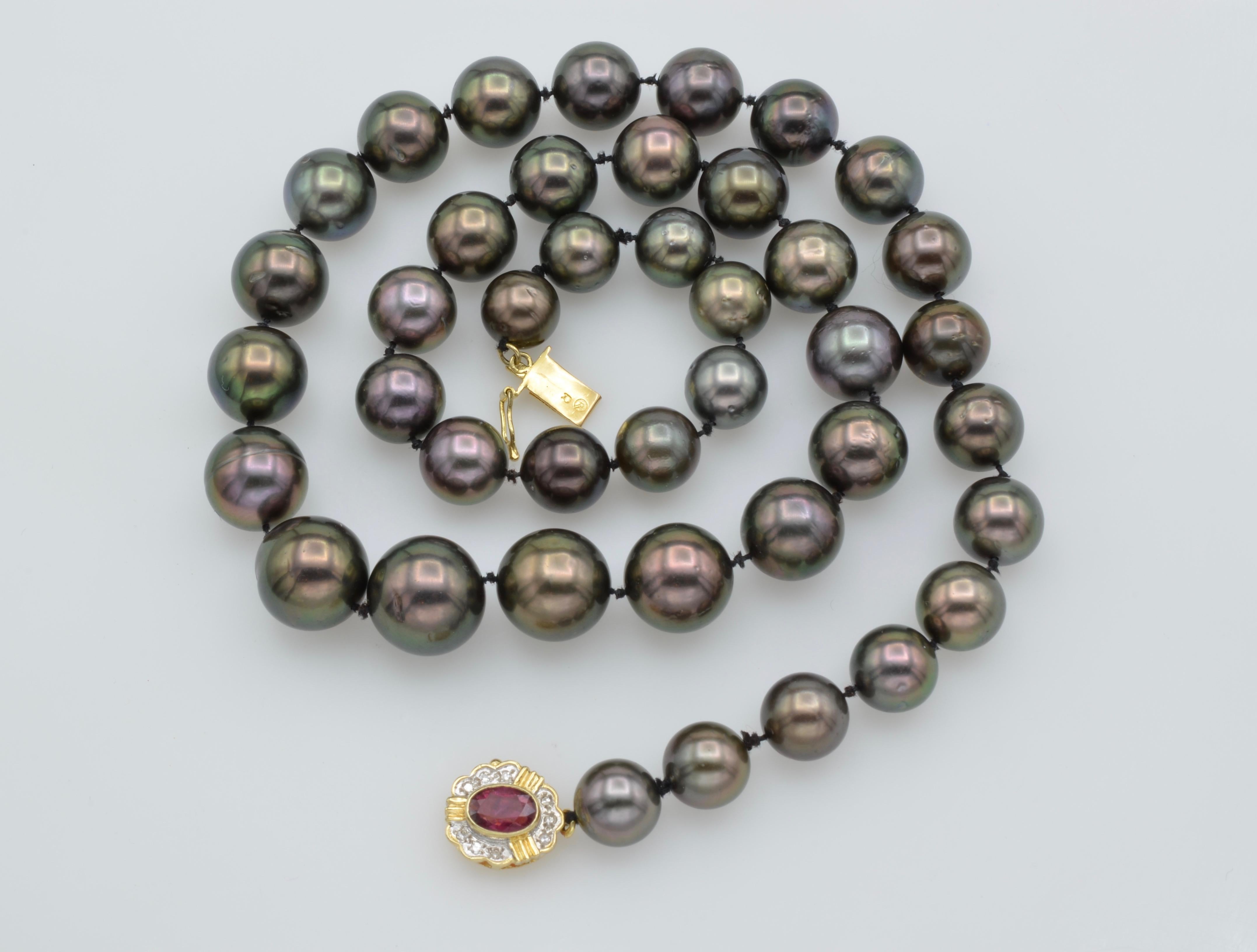 Oval Cut Black Tahiti Pearl Necklace with Ruby and Diamond Clasp