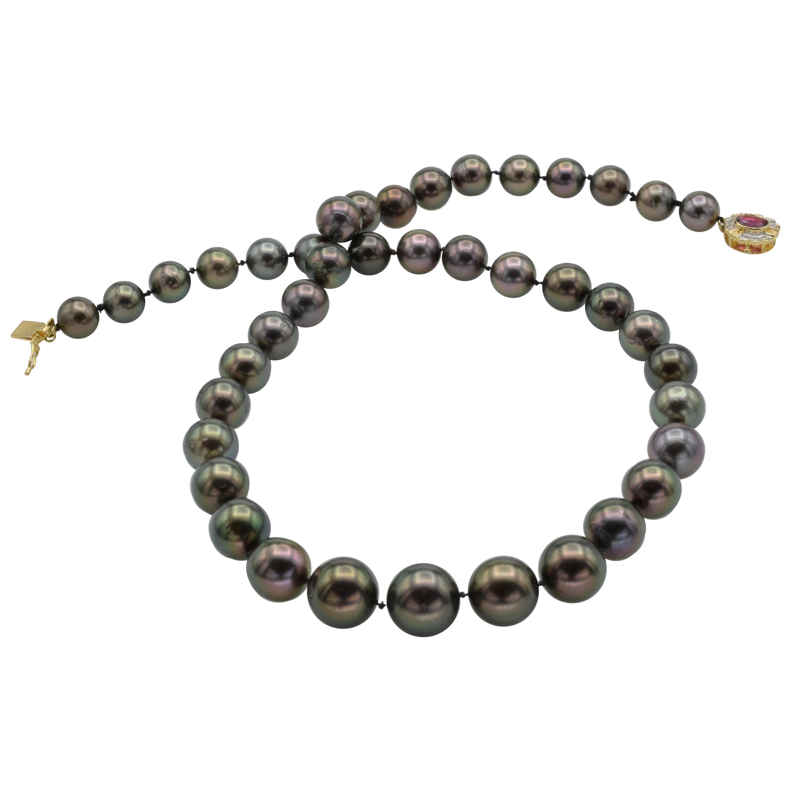 Black Tahiti Pearl Necklace with Ruby and Diamond Clasp
