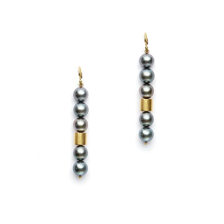 black tahitian pearl and gold tube earrings