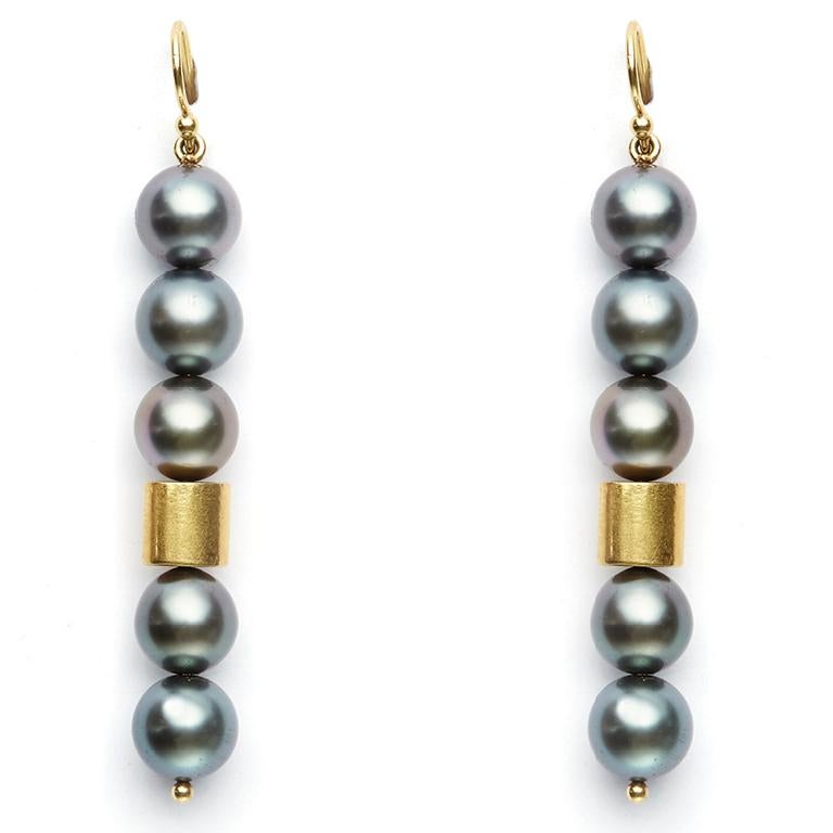 black tahitian pearl and 20kt gold tube earrings