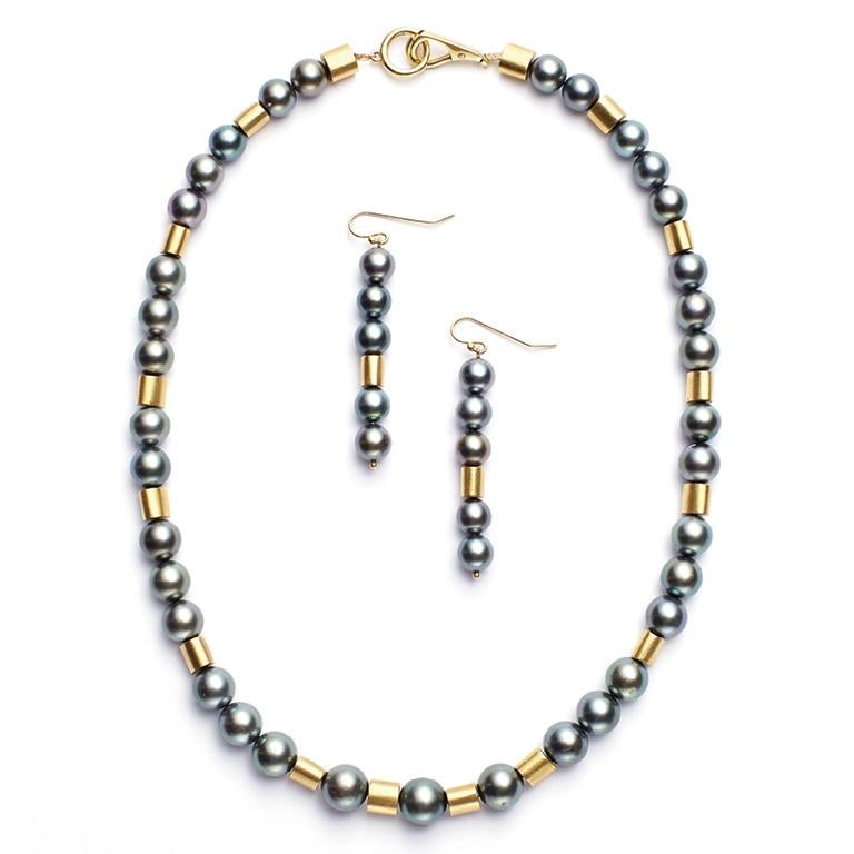 black tahitian pearl and gold tube necklace