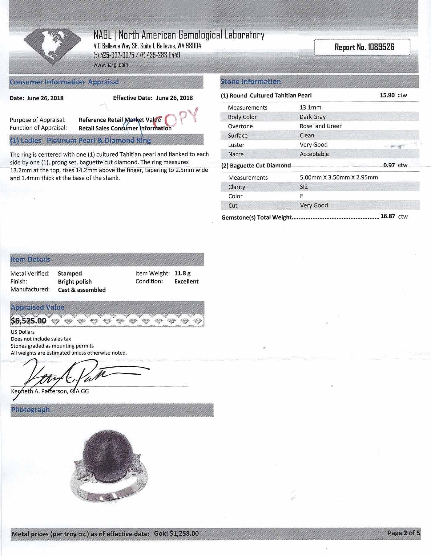 Women's or Men's Black Tahitian Pearl 3-Stone 1 Carat Diamond Platinum Trinity Cocktail Ring