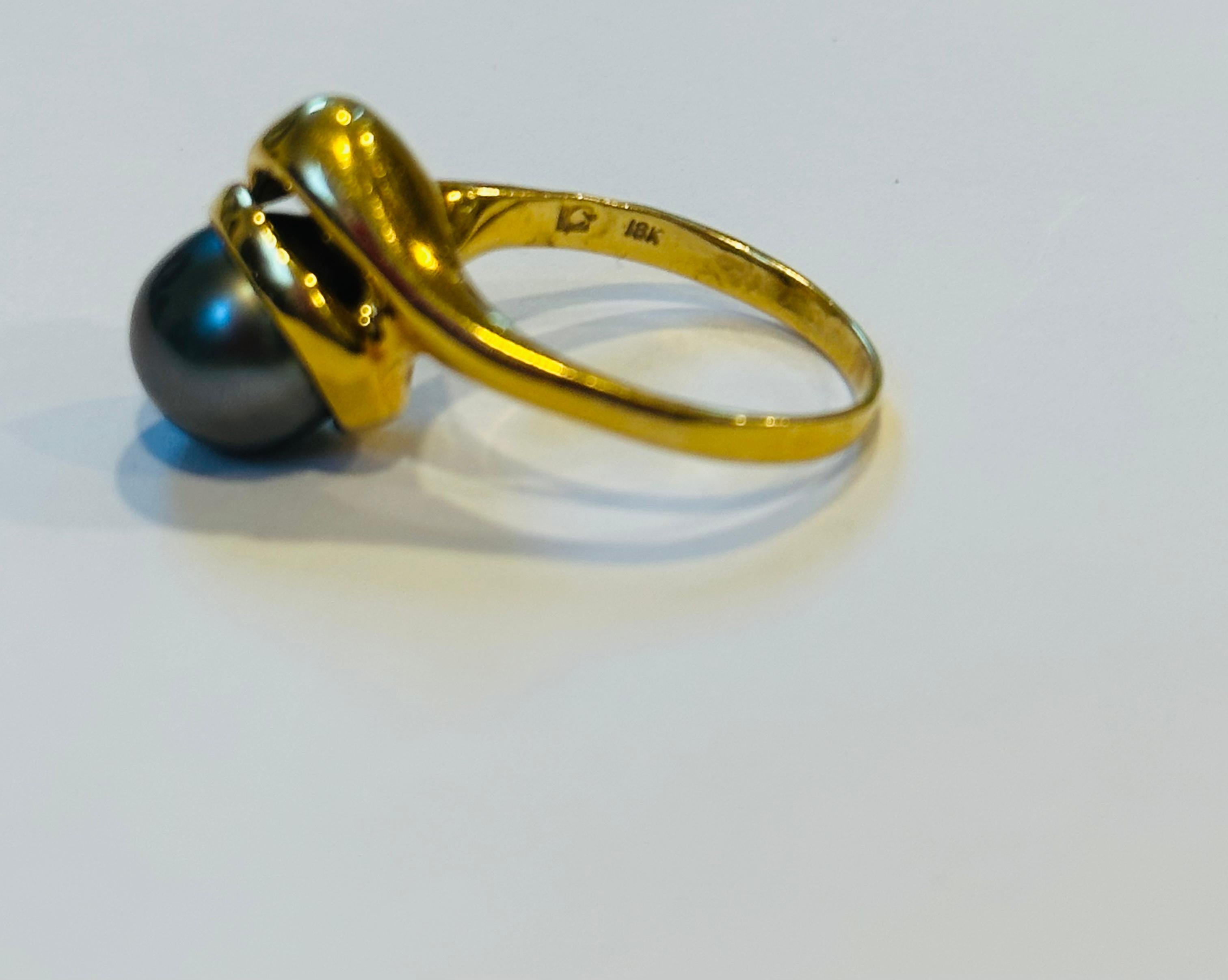 Black Tahitian Pearl 9.3 MM Cocktail Ring 18 Karat Yellow Gold For Sale 9