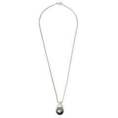 Black Tahitian Pearl and Diamond 18 Carat White Gold Pendant and Wheat Chain