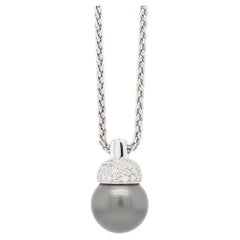 Black Tahitian Pearl and Diamond 18 Carat White Gold Pendant and Wheat Chain