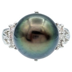 Black Tahitian Pearl and Diamond Cocktail Ring in Polished 18 Karat White Gold