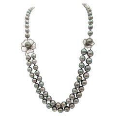 Black Tahitian Pearl and Diamond Flower Necklace in 18K White Gold