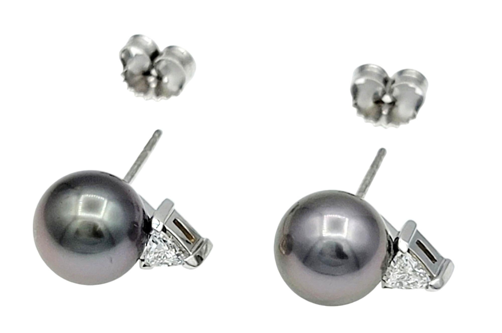Black Tahitian Pearl and Triangular Diamond Stud Earrings in 18 Karat White Gold In Good Condition For Sale In Scottsdale, AZ
