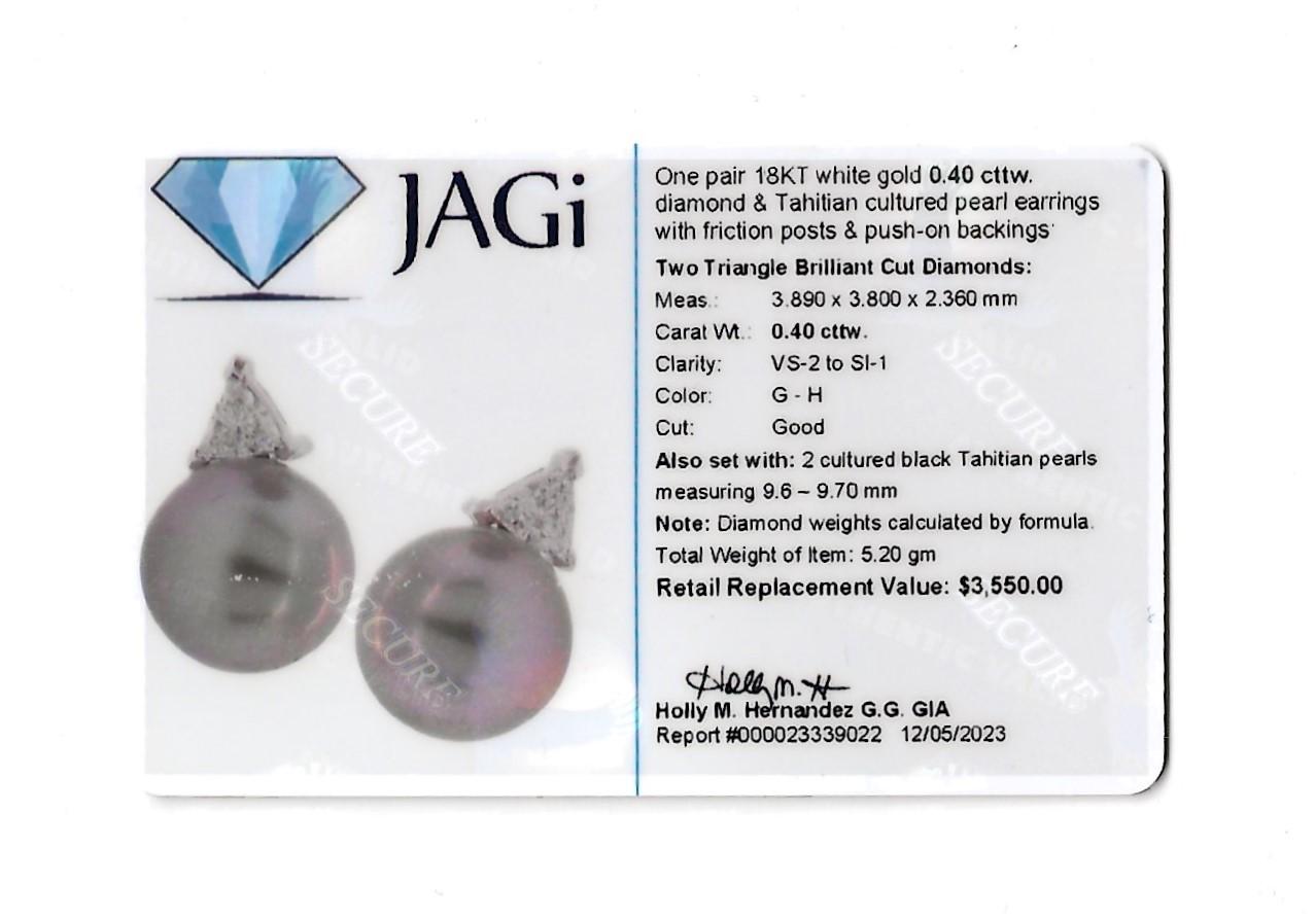 Black Tahitian Pearl and Triangular Diamond Stud Earrings in 18 Karat White Gold For Sale 3