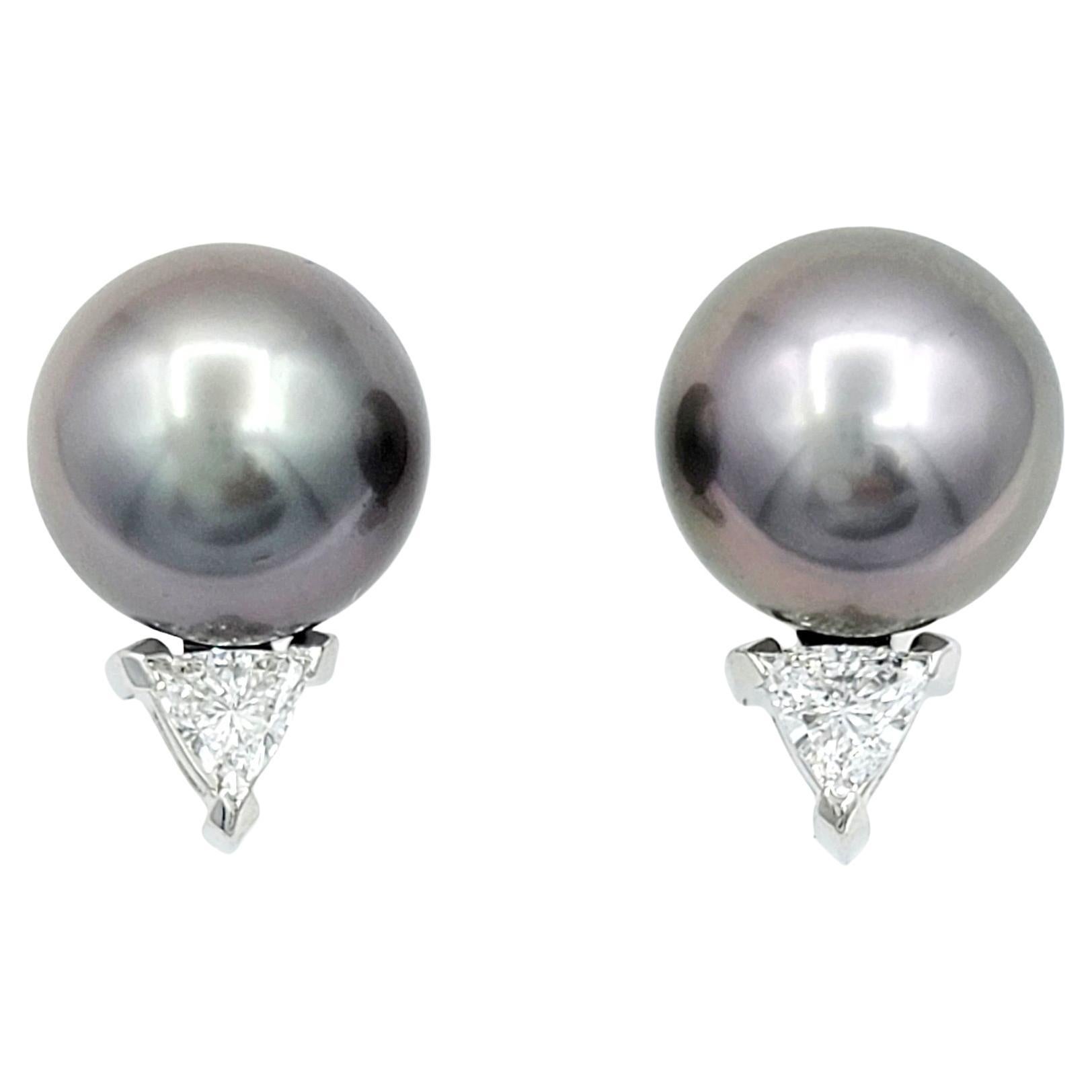 Black Tahitian Pearl and Triangular Diamond Stud Earrings in 18 Karat White Gold For Sale