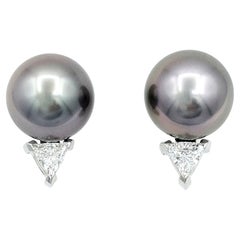 Black Tahitian Pearl and Triangular Diamond Stud Earrings in 18 Karat White Gold