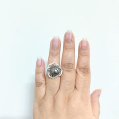 Black Tahitian Pearl and White Diamond Floral Ring in 18K White Gold