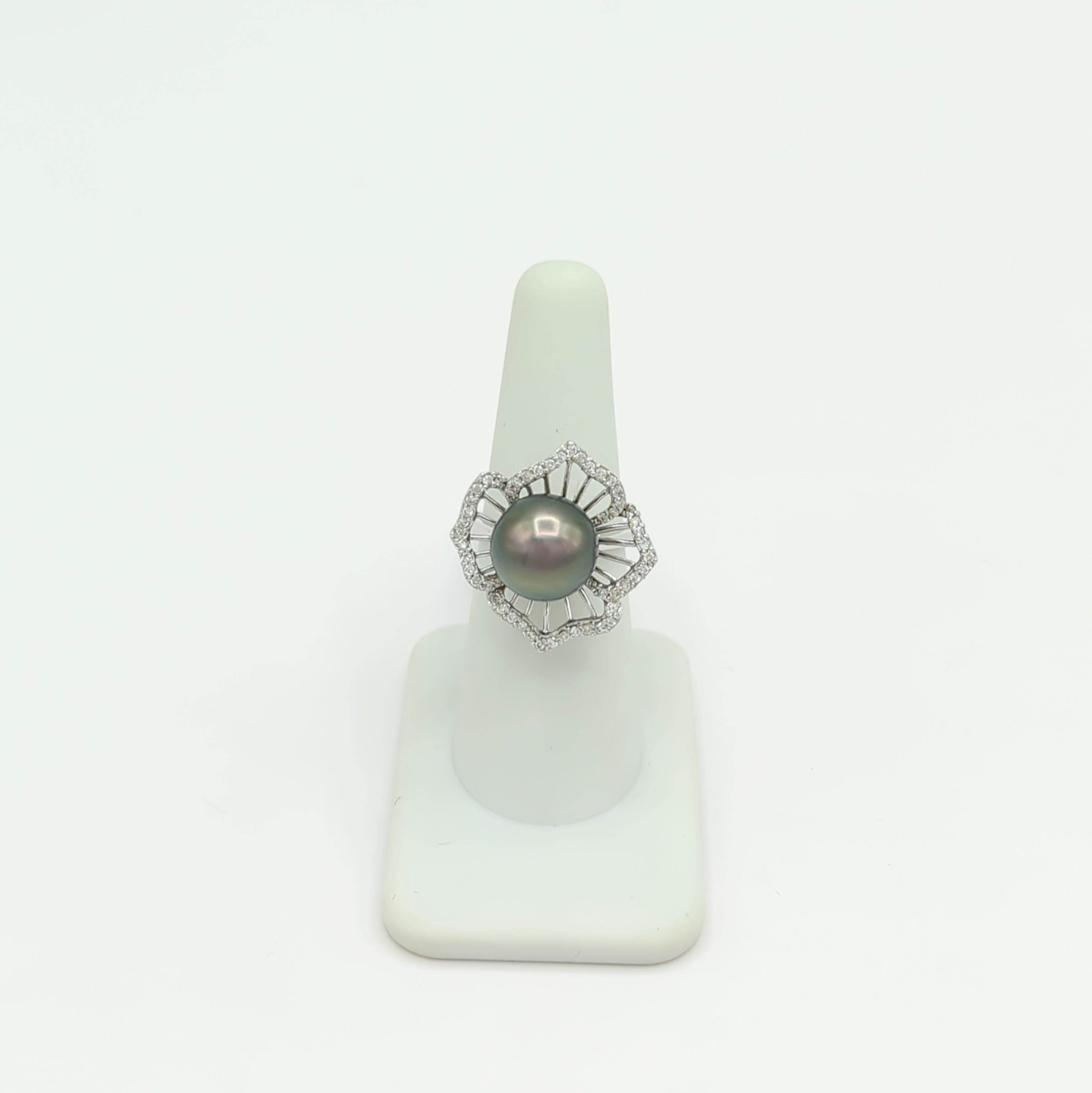 Black Tahitian Pearl and White Diamond Floral Ring in 18K White Gold For Sale 2