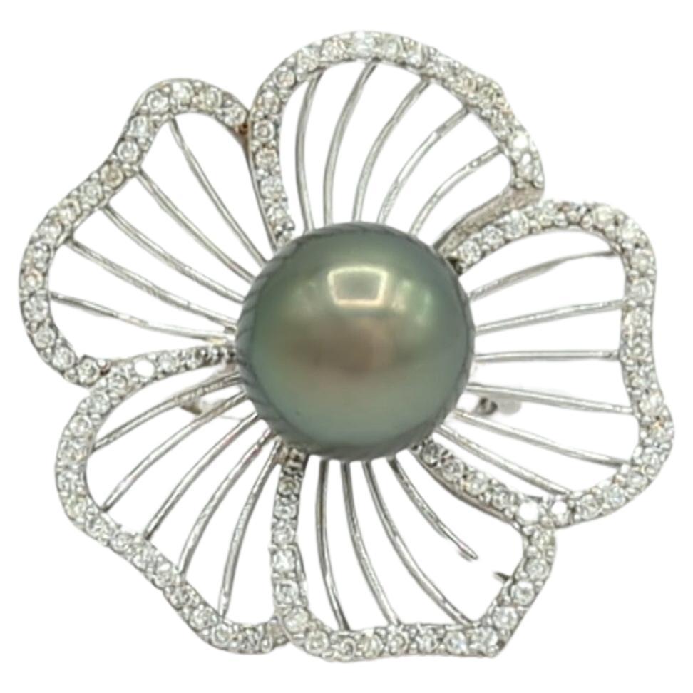 Black Tahitian Pearl and White Diamond Floral Ring in 18K White Gold For Sale