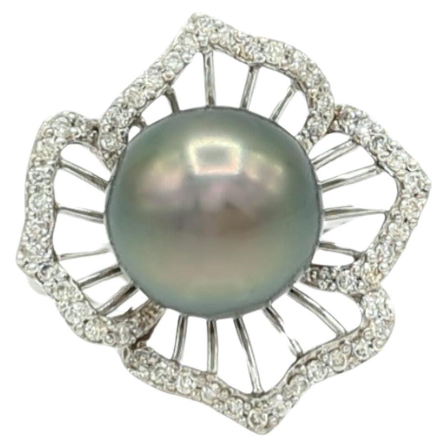 Black Tahitian Pearl and White Diamond Floral Ring in 18K White Gold